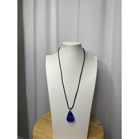 bright blue pendant necklace on black cord wire wrapped natural bohemian boho - Picture 6 of 10